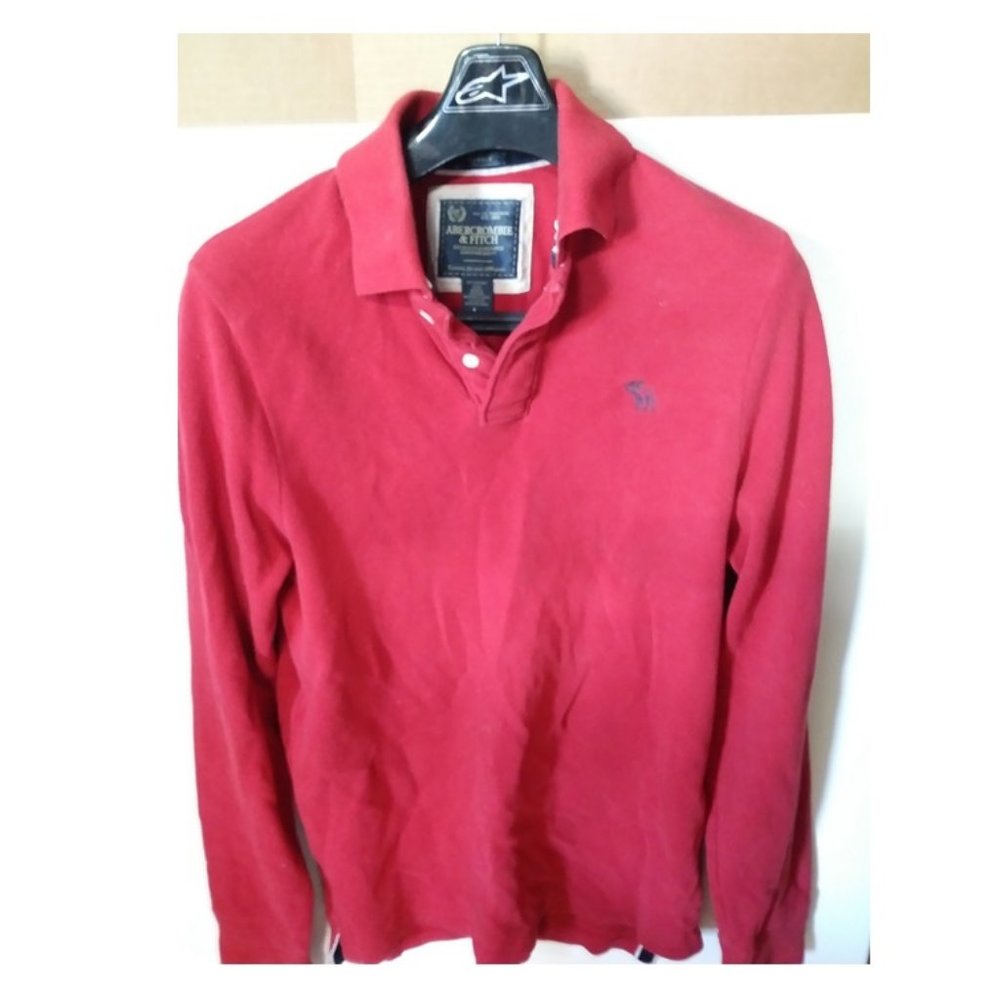Abercrombie & Fitch Men's Muscle Fit Logo Red Long Sleeve Polo - Men's Large